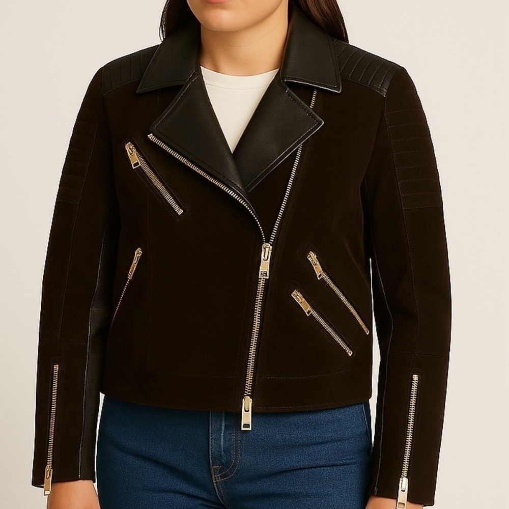Mango Brown Suede Bomber Jacket Gold Zip Accents Leather Panels Moto Aviator S